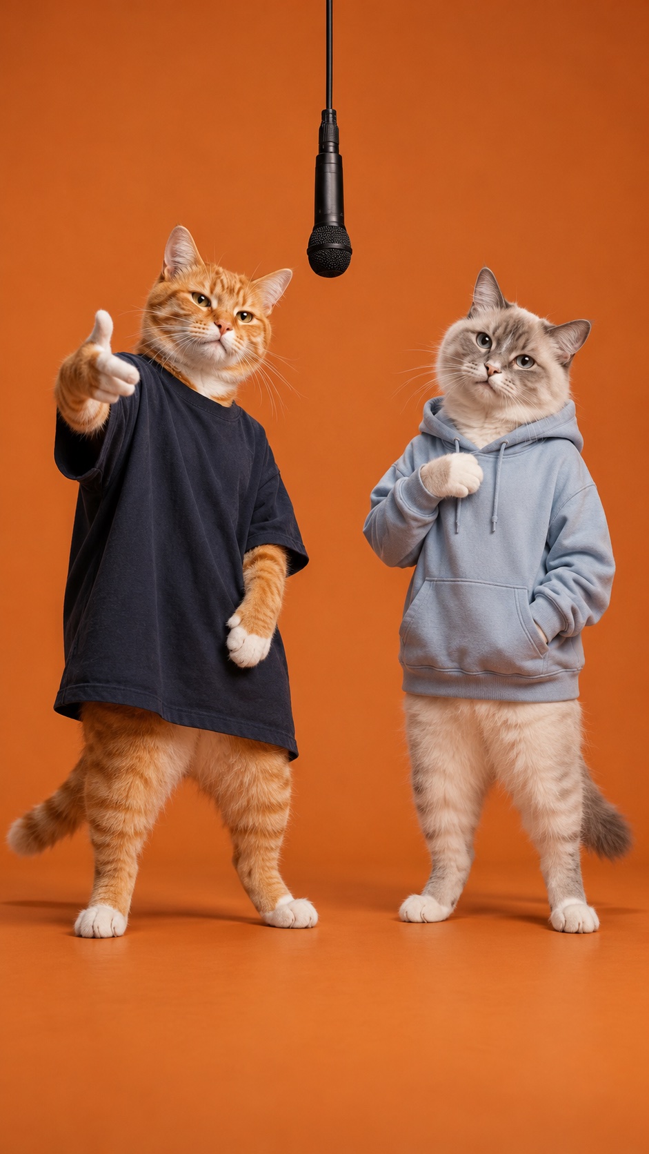 AI concept illustration of two pets performing under a hanging microphone in an orange recording booth